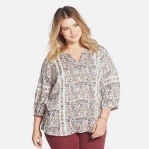 Caslon 2X Floral Print Boho Blouse Lace Inset Peasant Top Plus Size